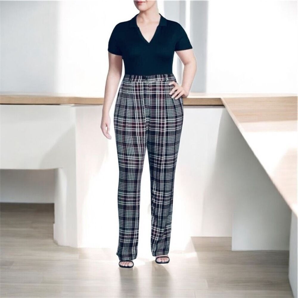 NWT No Boundaries XXL (19) Juniors Red Black Plaid Wide Leg Flowy Trousers Pants